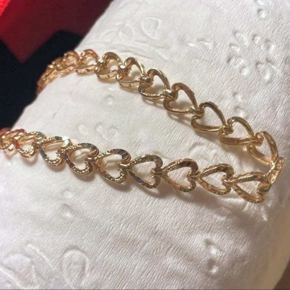 14k solid genuine diamond cut yellow gold 8” heart line bracelet NEW!